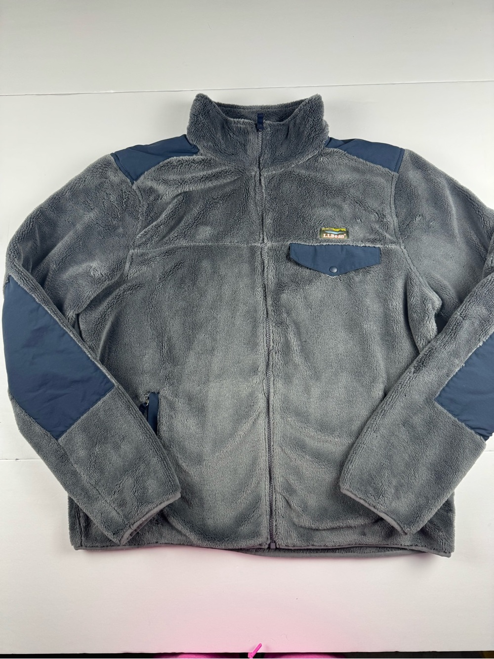 L.L. Bean Gray Hi-pile Full zip Fleece Jacket with Navy Accents